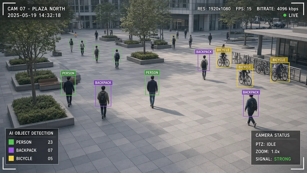 People and object classes labeled in a shared urban scene
