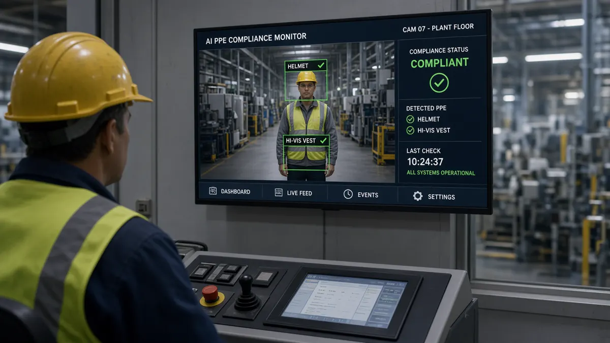 Hard-hat and high-vis vest compliance checks on the factory floor