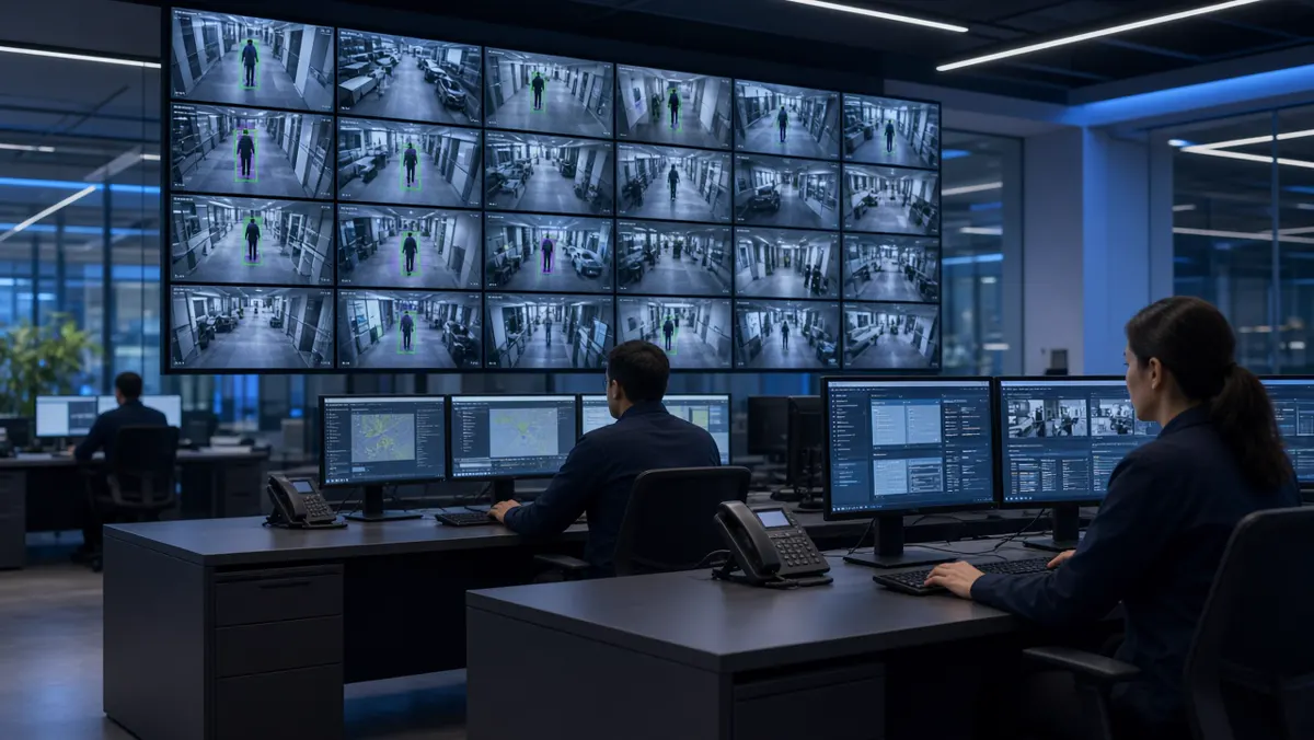 Control room screens showing AI video analytics on live CCTV