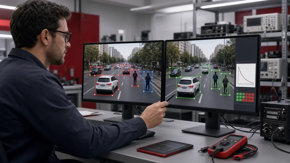 Engineer comparing ground-truth labels with AI detections to validate video analytics accuracy
