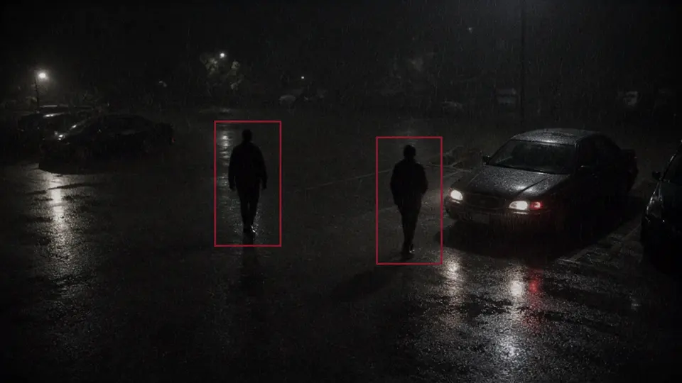 Low-light rainy car park where AI analytics software detects two people at night