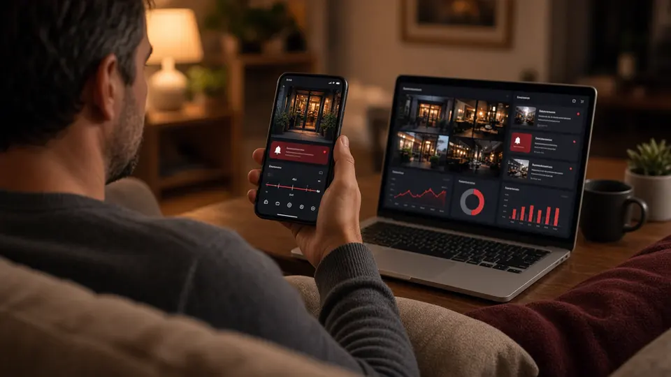 Person checking AI camera app alerts and playback on a smartphone with an analytics dashboard on a laptop