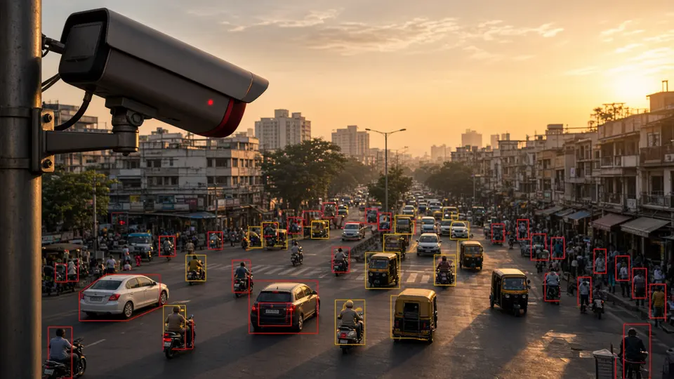 AI CCTV camera above a busy Indian road detecting cars, two-wheelers, auto-rickshaws and pedestrians