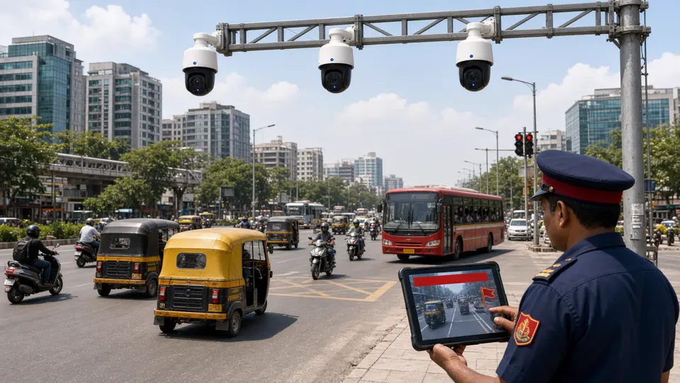 Indian smart-city junction with AI CCTV cameras and a traffic officer reviewing a flagged violation on a tablet