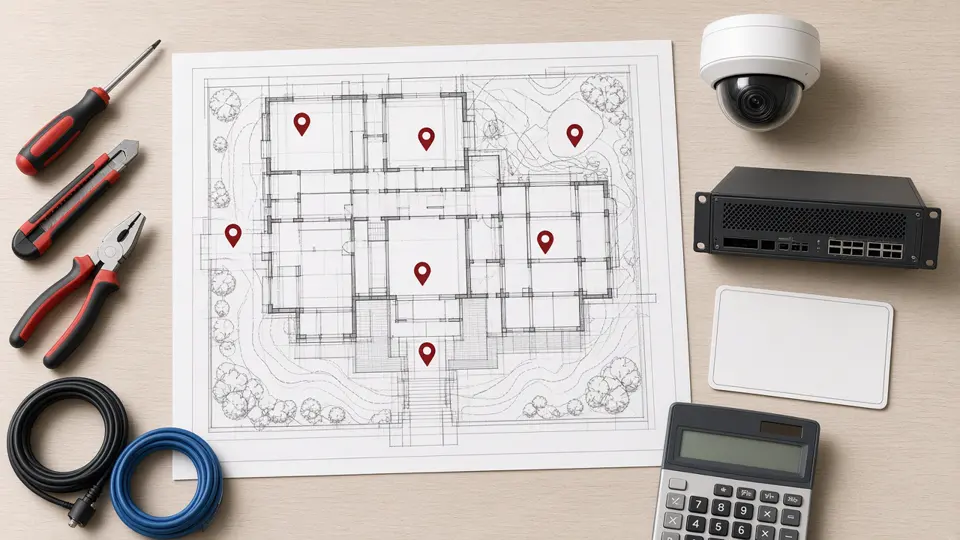 Site floor plan with camera positions, IP camera, server, licence card, tools and calculator for AI CCTV system cost