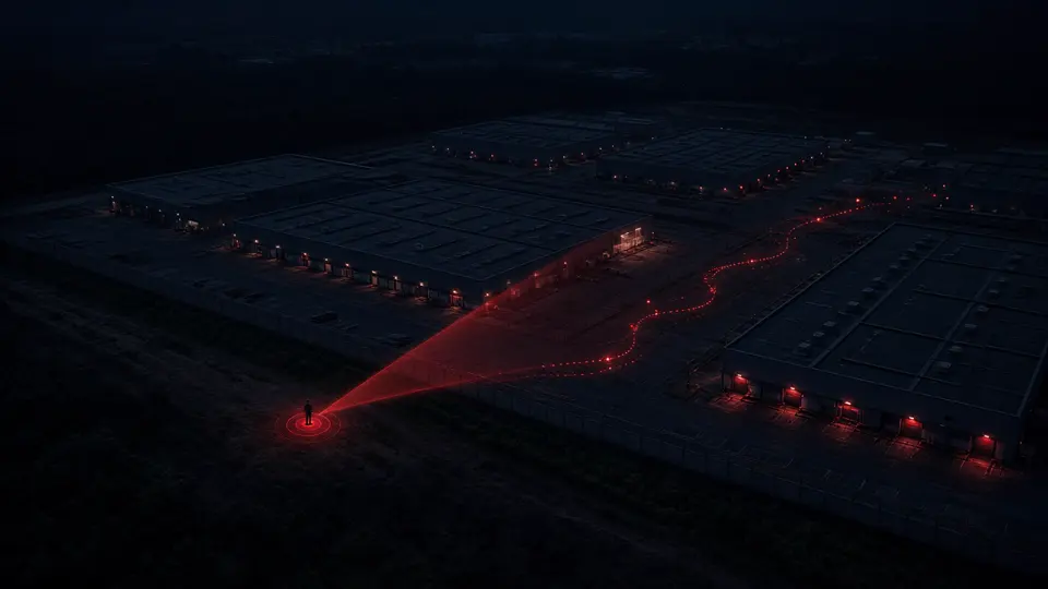 Night aerial view of a logistics park where AI flags a person near the perimeter fence