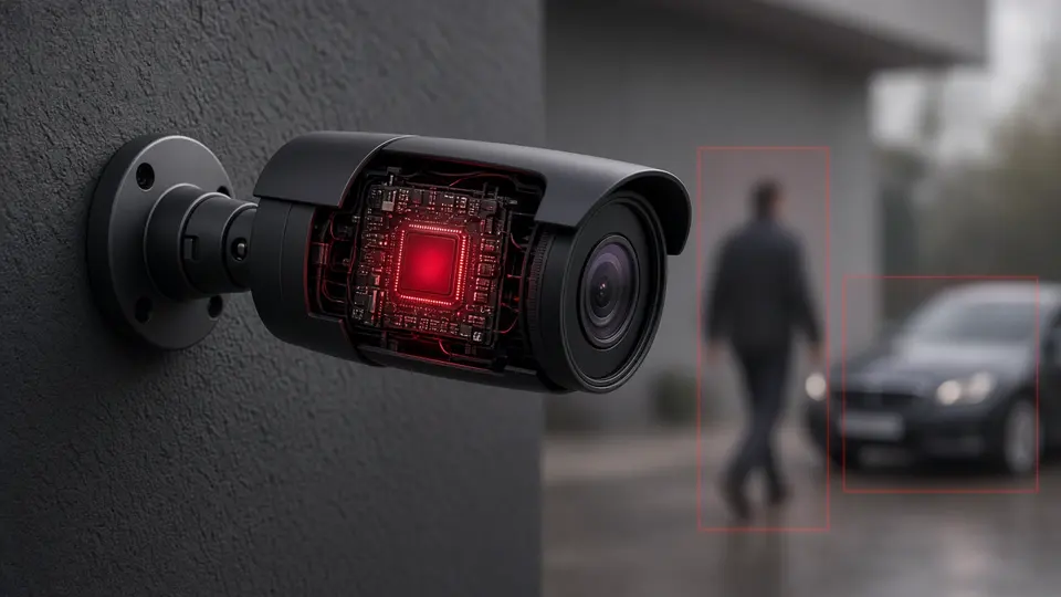 Cutaway bullet AI security camera with an on-device processing chip detecting a person and a car