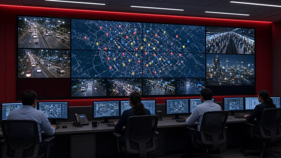 Indian integrated command and control centre with a city camera map, traffic, railway and industrial feeds