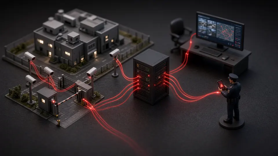 Miniature model of an AI surveillance project linking cameras, servers, a monitoring desk and a guard's mobile alert