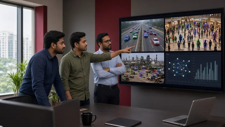 Indian team in a Bengaluru office comparing pilot video analytics results from highway, factory and mall sites