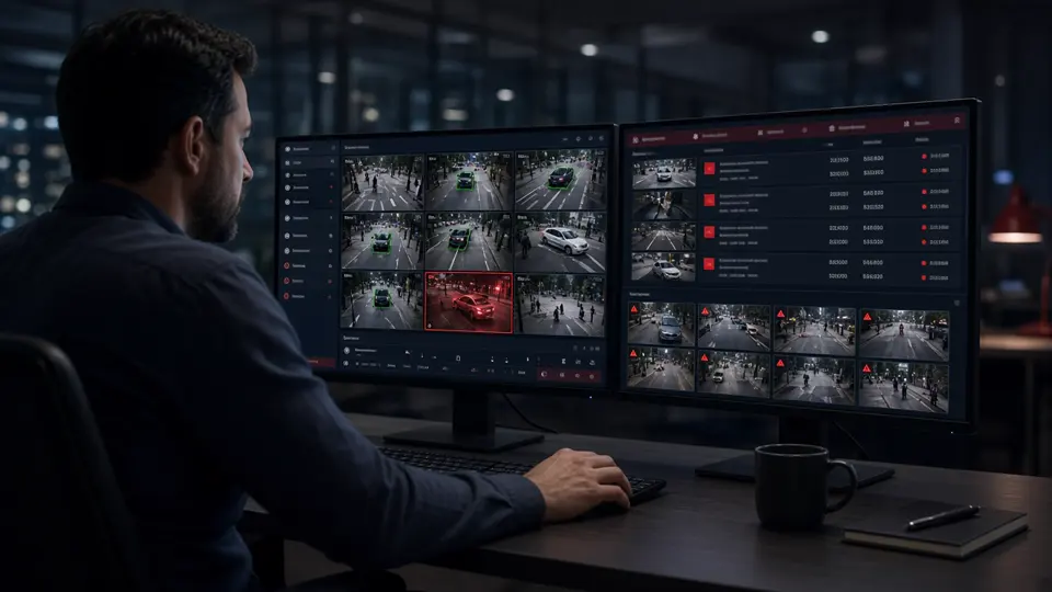 Analyst using CCTV video analytics software with tracked vehicles, a flagged violation and an alert list