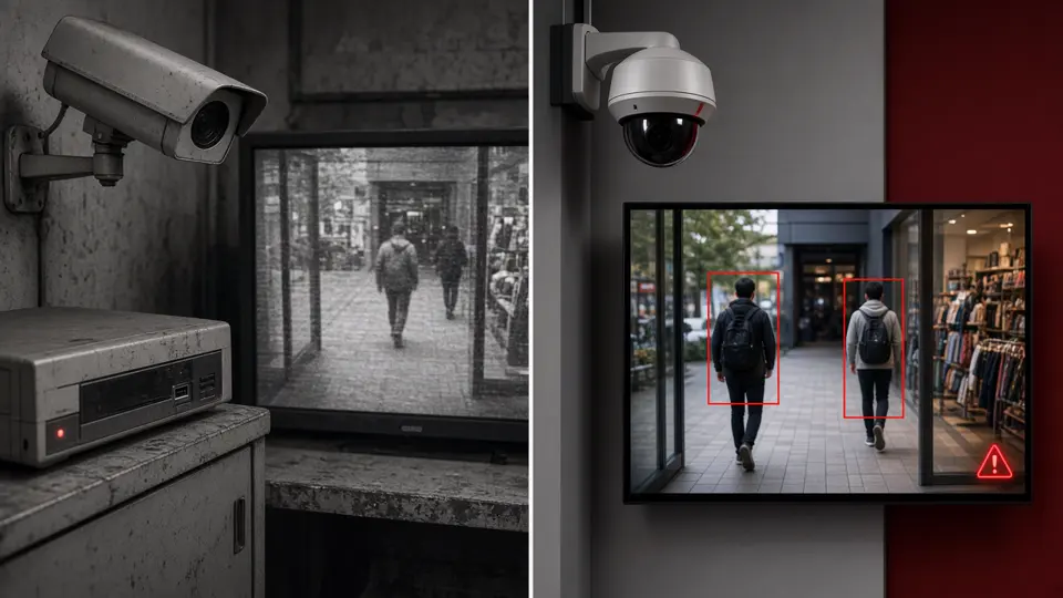 Split view comparing passive black-and-white CCTV recording with AI video surveillance detecting people