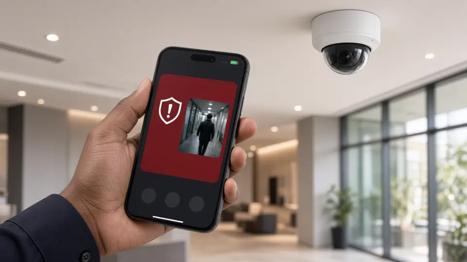 Dome CCTV camera in an office lobby sending an intrusion alert with a snapshot to a smartphone