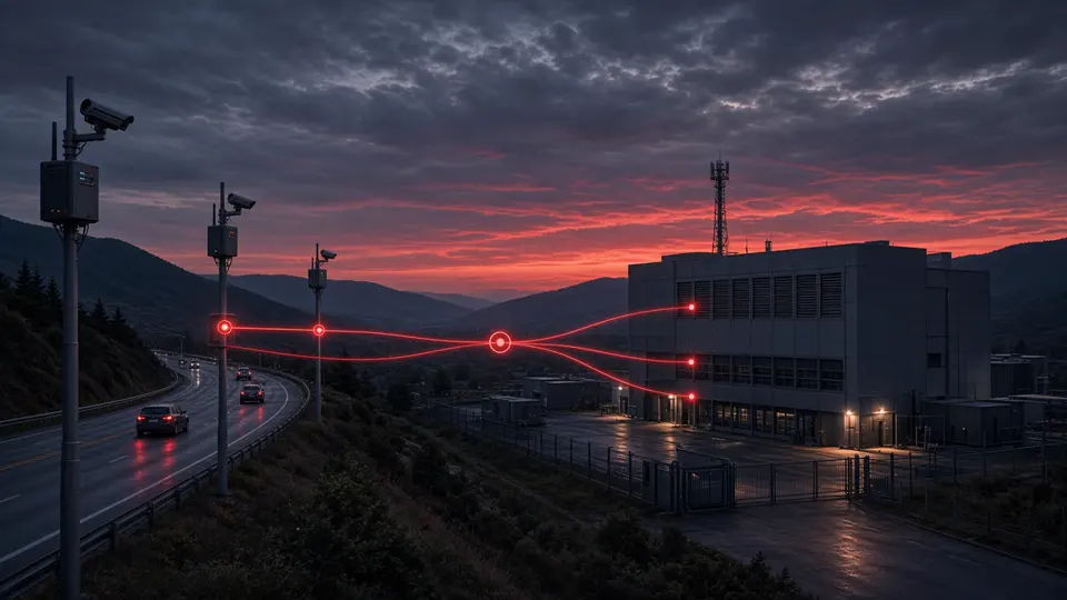 Roadside edge AI camera poles linked over a private network to an on-premise data centre
