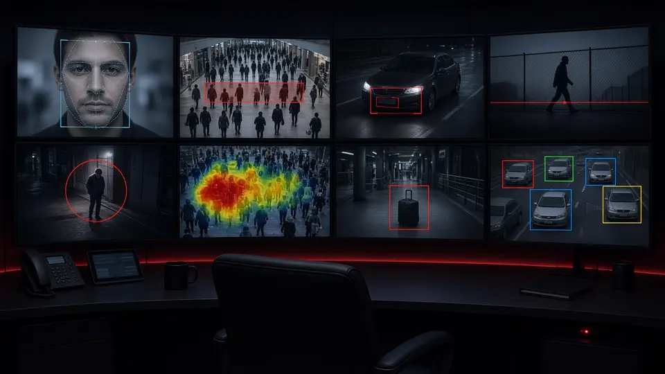Video wall showing face matching, people counting, ANPR, perimeter, loitering, crowd density and abandoned object analytics