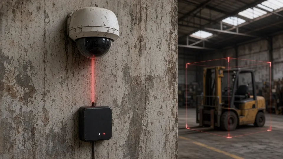Existing weathered IP dome camera connected to an edge AI box detecting a forklift in a warehouse