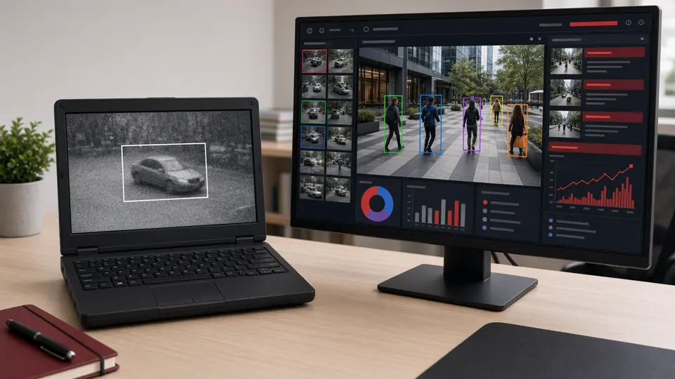 Basic free motion detection on a laptop next to enterprise AI video analytics on a monitor