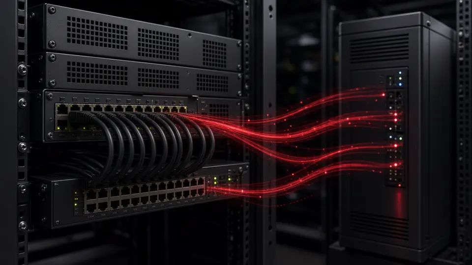 NVR and network switch with video streams flowing from CCTV cables to an analytics server