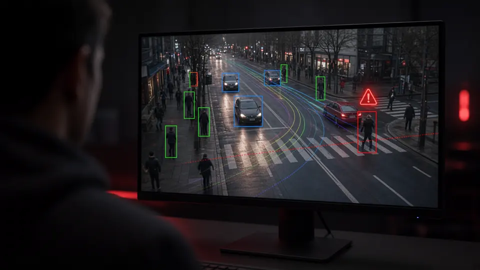 Monitor showing computer vision tracking people and cars on a street with motion trails and an alert