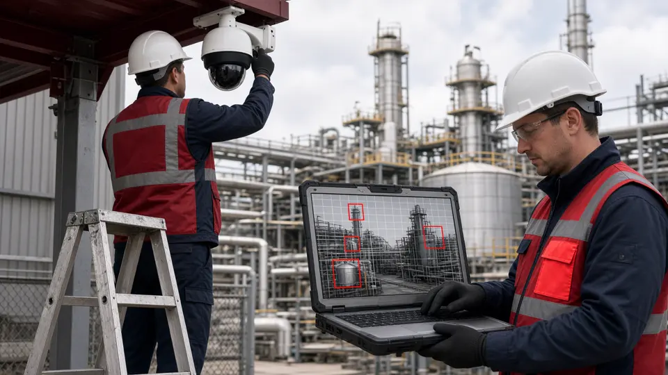 Technicians installing a CCTV camera at an industrial site and checking AI detections on a rugged laptop