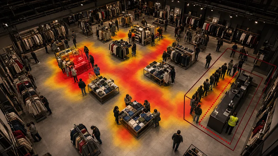 Overhead retail store view with a footfall heatmap, a checkout queue zone and PPE detection