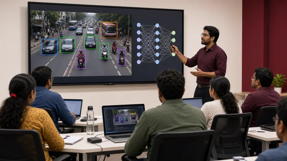 Instructor teaching object detection and neural networks in a video analytics course to students with laptops
