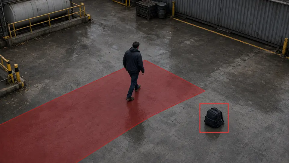 CCTV view of an industrial yard with a restricted zone overlay and an unattended bag detected
