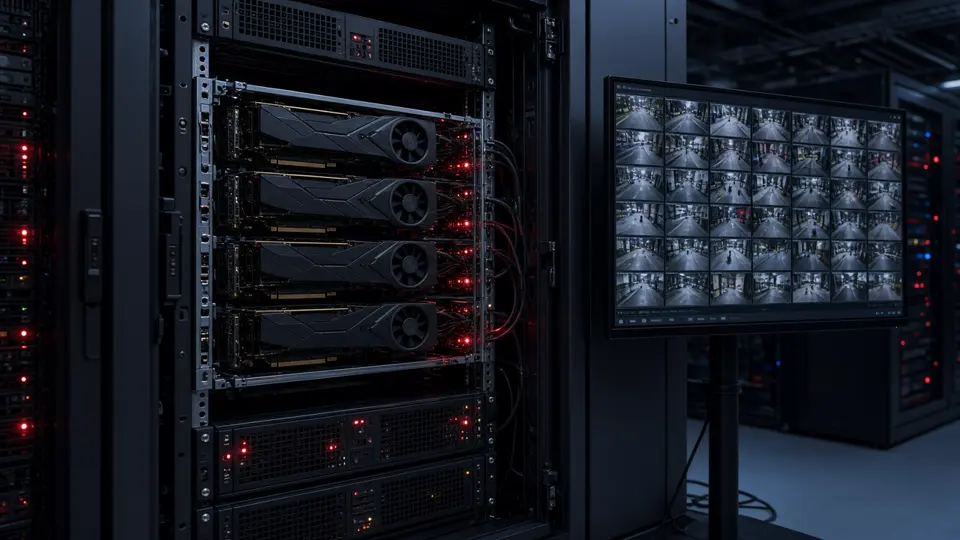 GPU video analytics server in a rack beside a monitor processing many camera streams