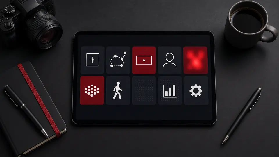 Tablet showing video analytics tools for detection, tracking, ANPR, face recognition, heatmaps and crowds