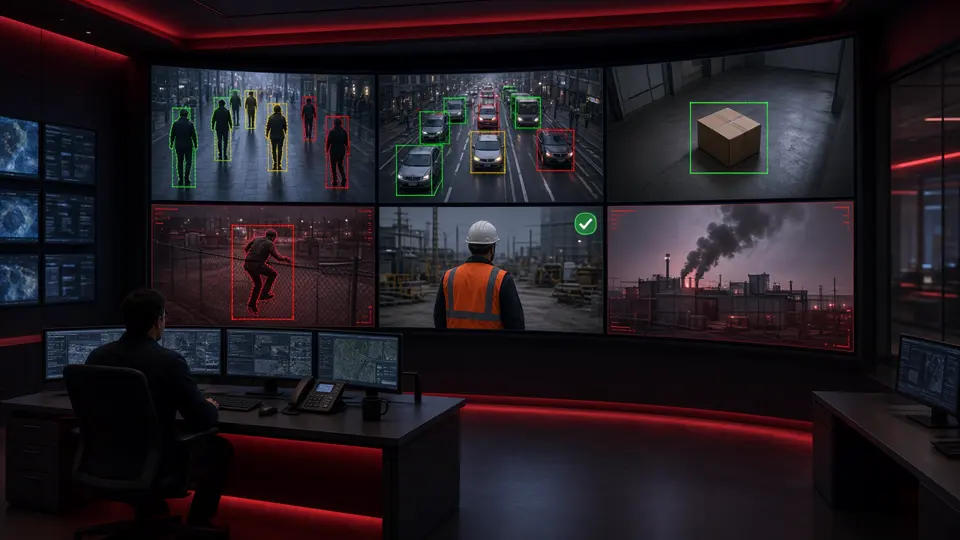 Command centre display with people, vehicle, object, activity, safety and smoke detections
