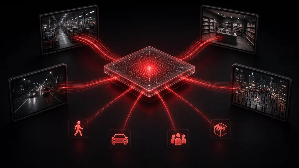 AI chip processing feeds from factory, shop, road and city cameras into person, vehicle and object alerts