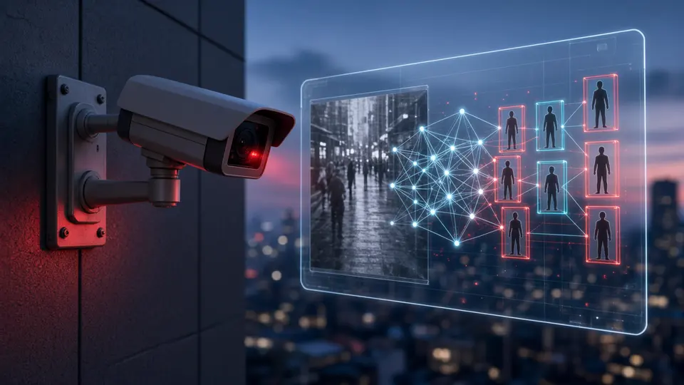 CCTV camera with an AI overlay turning a grainy city street feed into labelled people detections