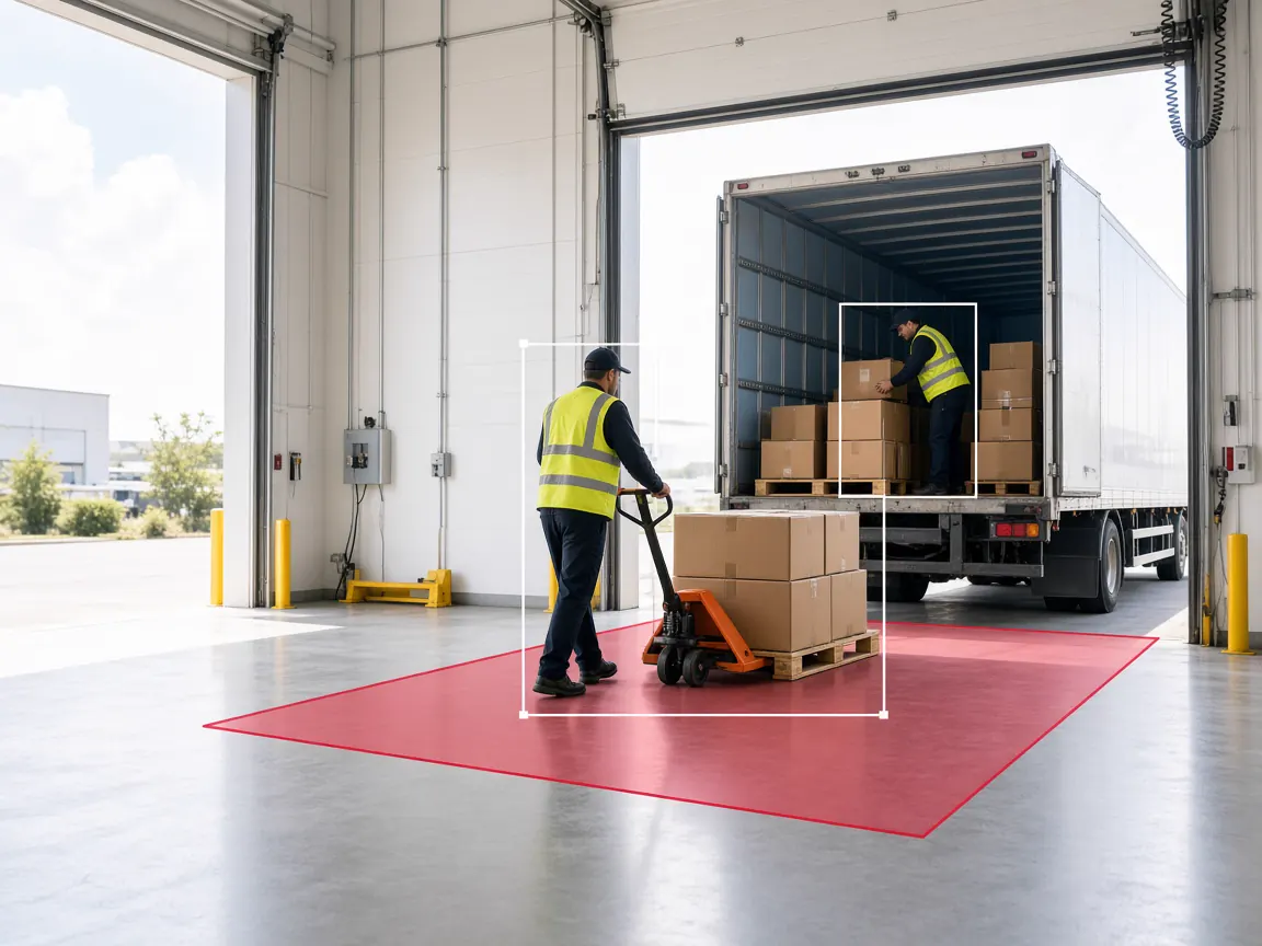 Video analytics detecting a worker unloading cartons from a truck inside a marked loading zone