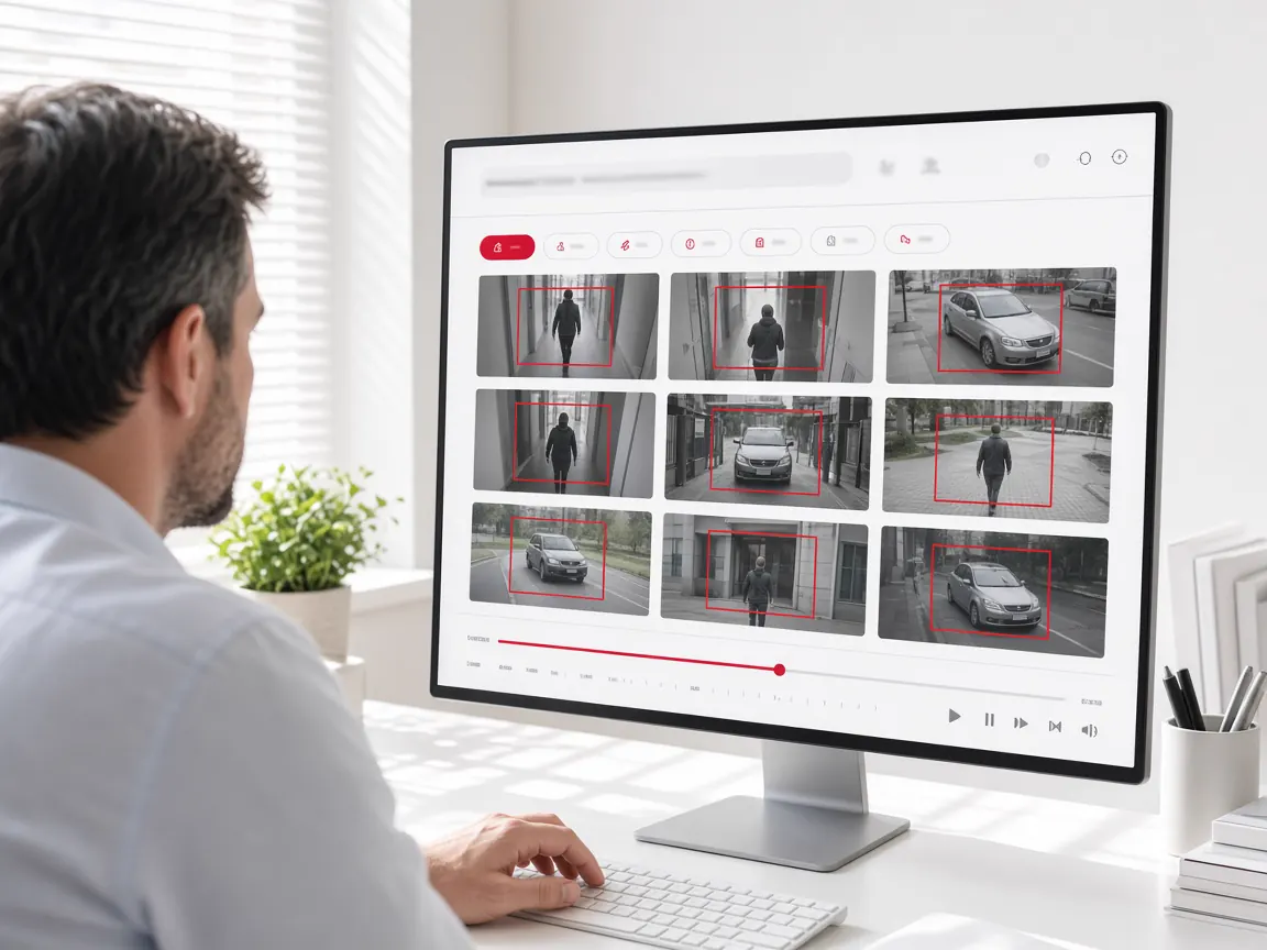 Investigator searching recorded CCTV footage on an AI forensic video search screen
