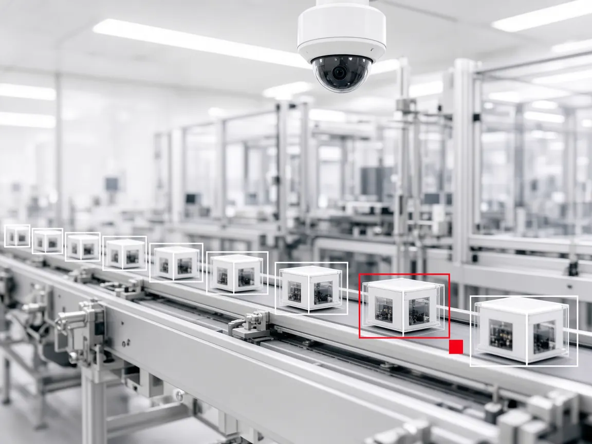 Production line conveyor with packages tracked by industrial video analytics