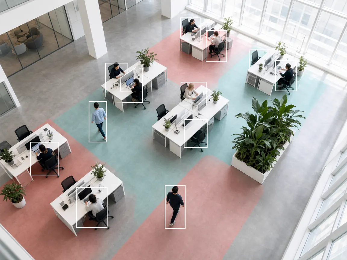Overhead view of an open-plan office with occupancy zones highlighted by video analytics