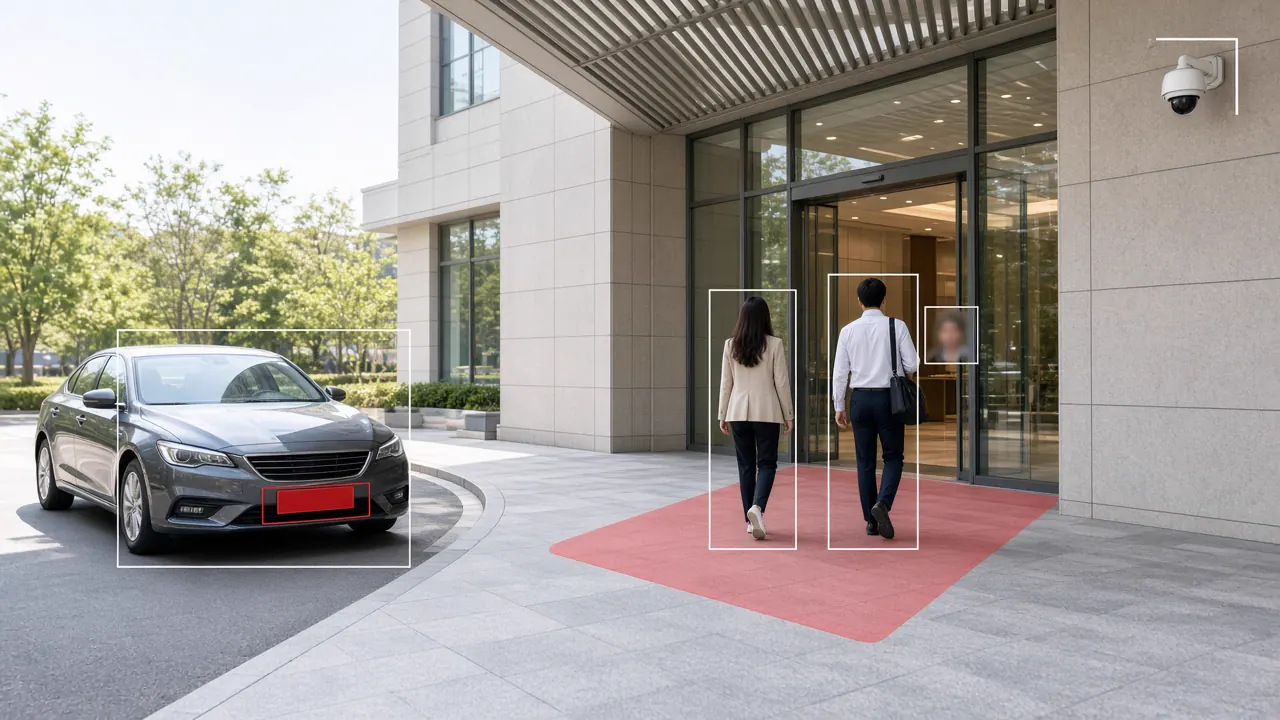 One entrance camera running vehicle, number plate, people and access-zone analytics together