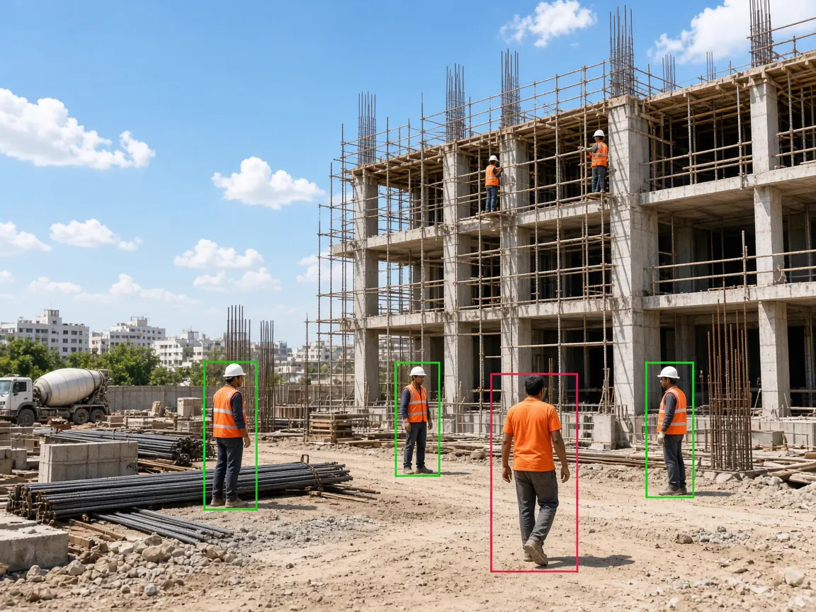 Construction workers in helmets and high-visibility vests monitored for PPE compliance