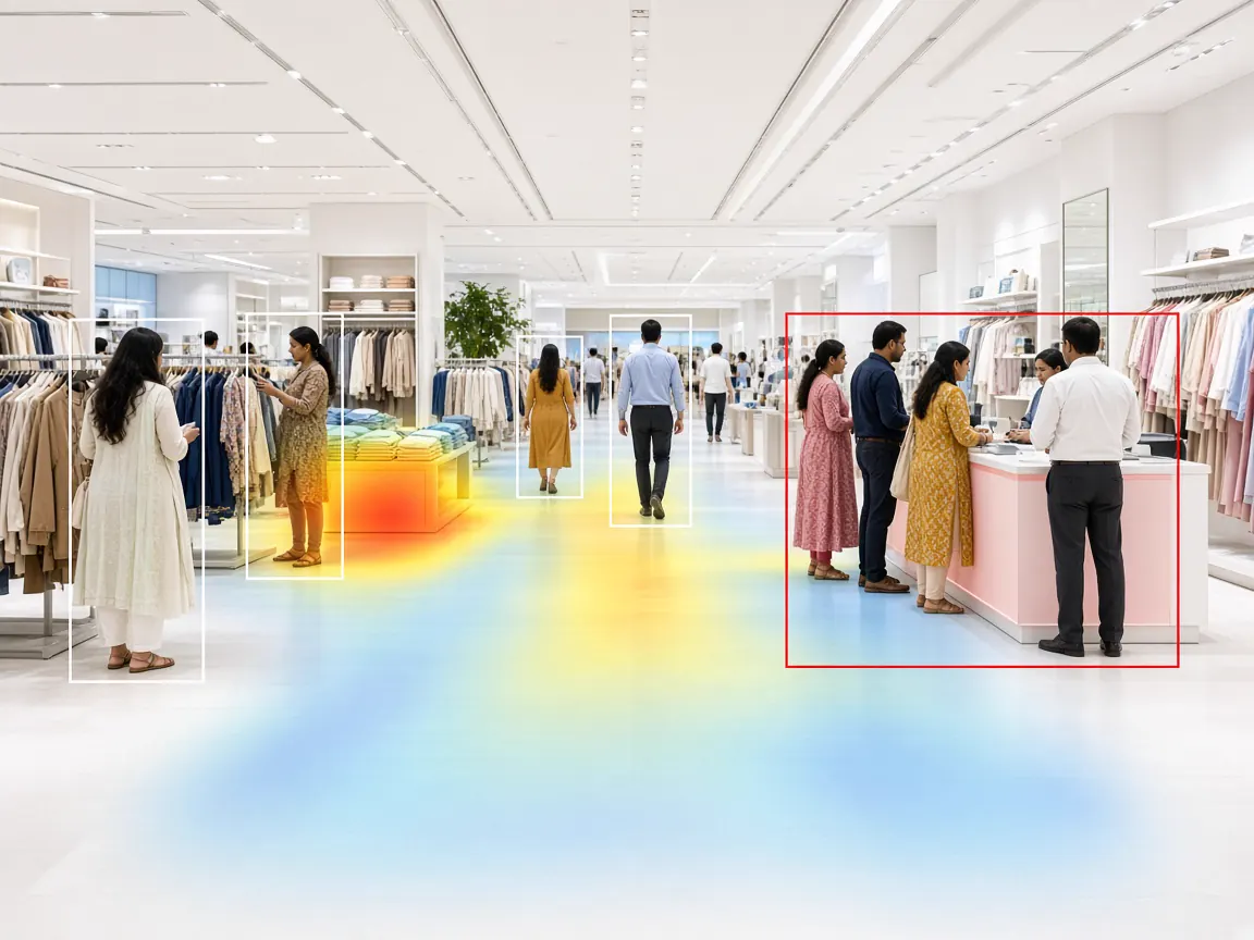 Footfall heatmap over a shopping mall floor showing the busiest store areas