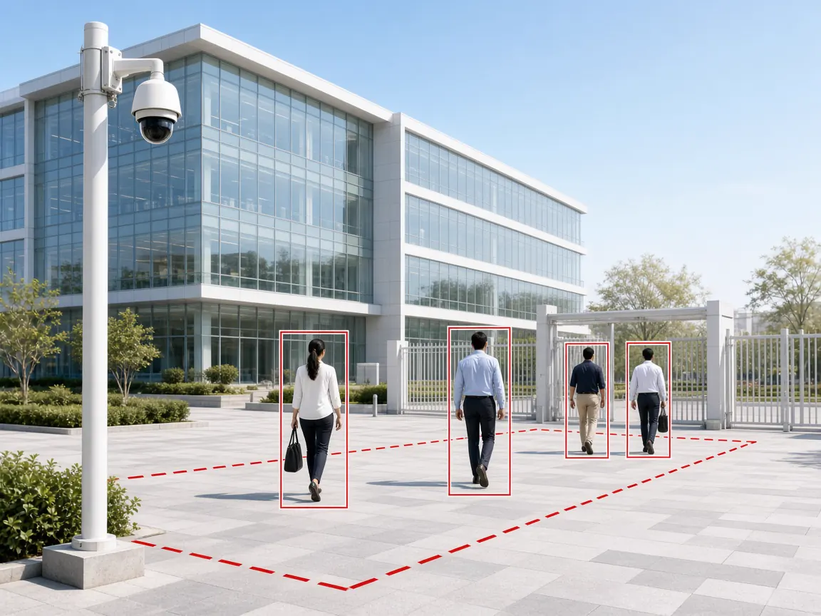 Office building perimeter with an intrusion zone monitored by smart video surveillance