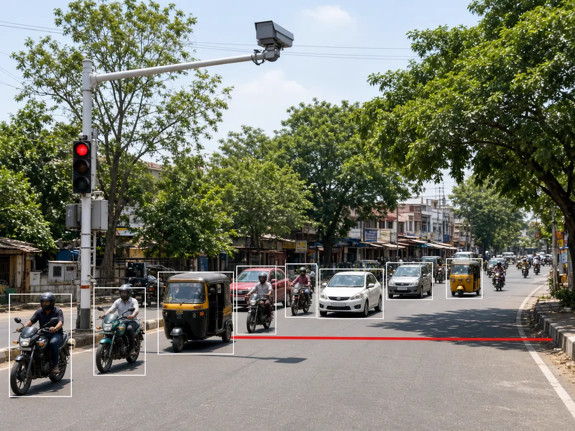 AI traffic surveillance camera monitoring a busy road junction in Theni district, Tamil Nadu