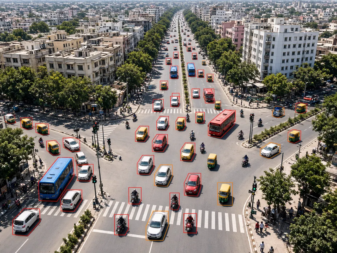 Aerial view of city traffic with every vehicle detected by the TruSight intelligent traffic management system