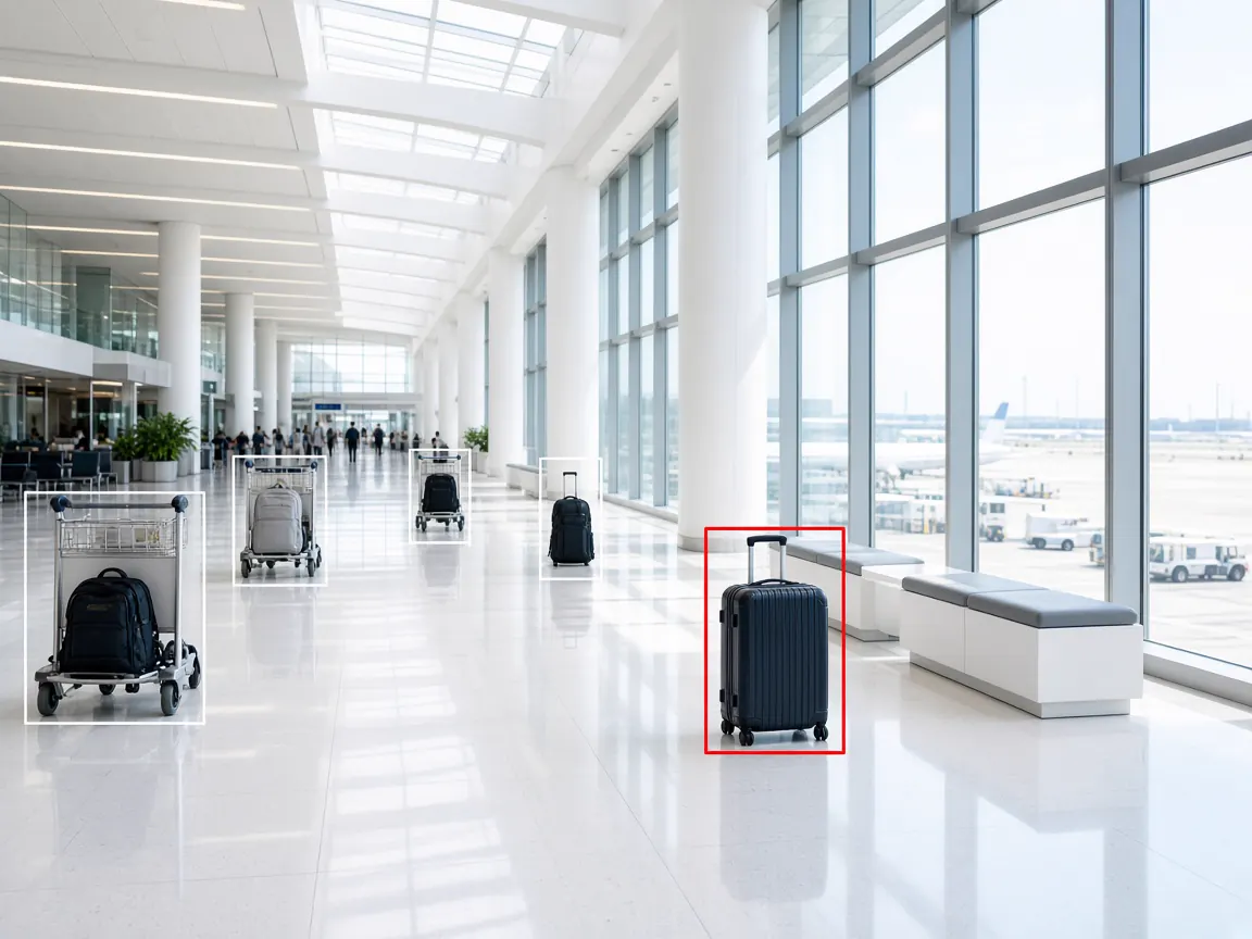 Unattended suitcase flagged by AI object detection in a bright public concourse