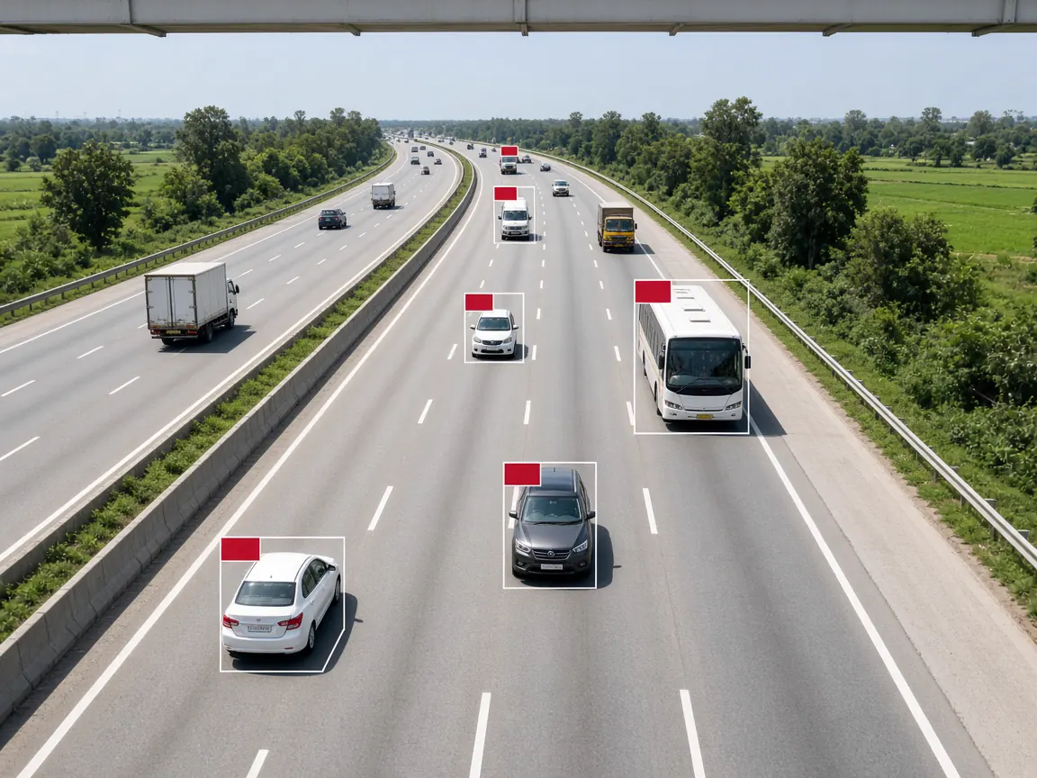 Vehicle detection on cars and trucks travelling along a multi-lane highway