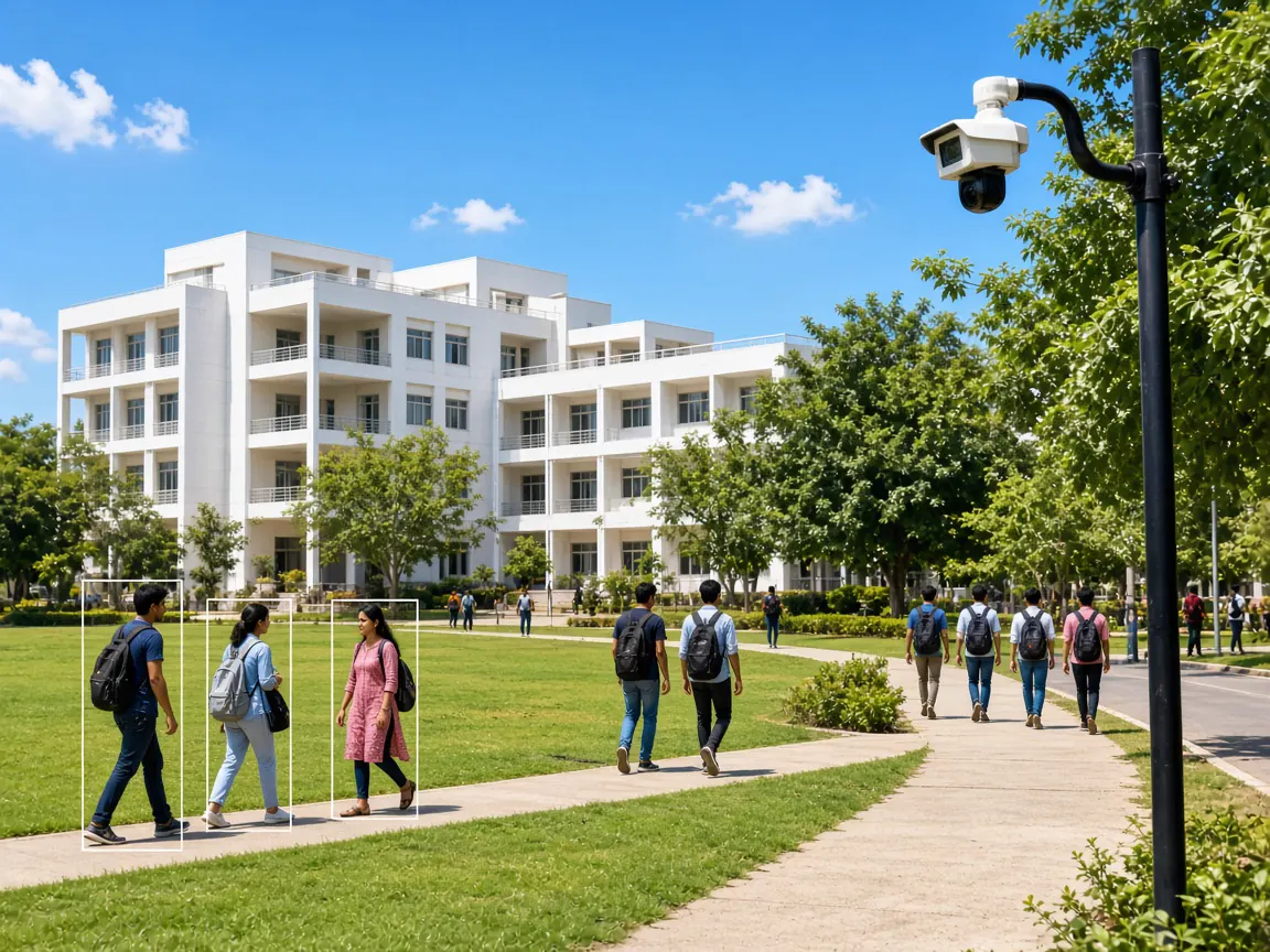 Video analytics for Education: Students walking across a university campus under CCTV camera coverage