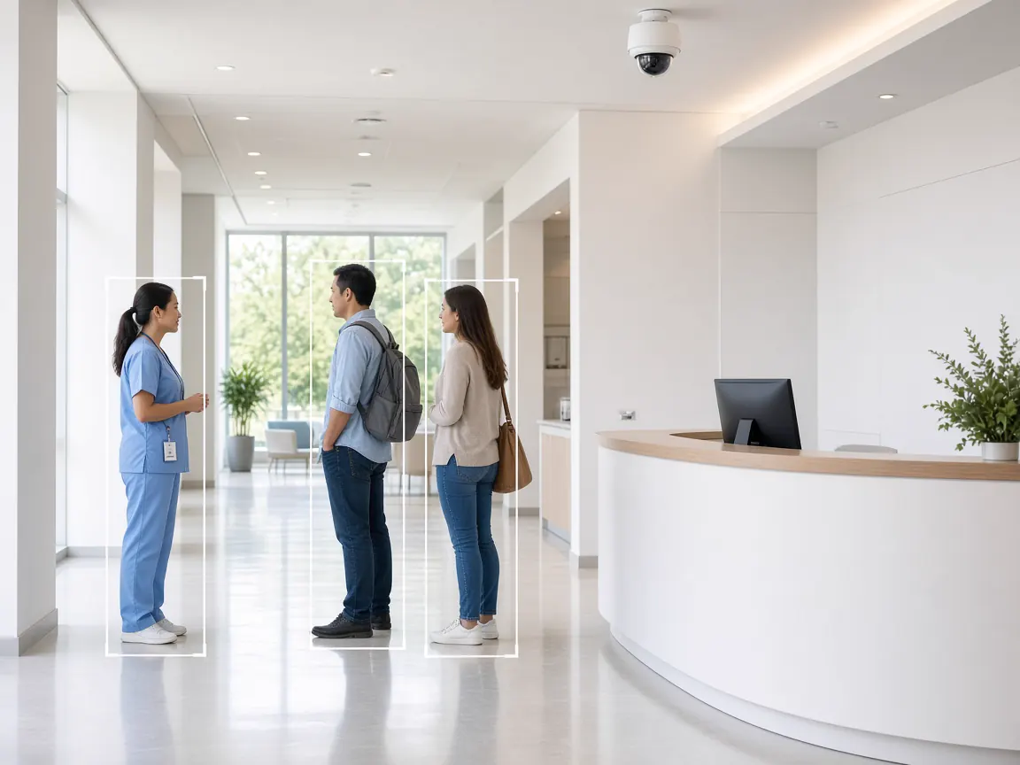 Video analytics for Healthcare: Hospital reception with staff and visitors under ceiling-mounted CCTV cameras