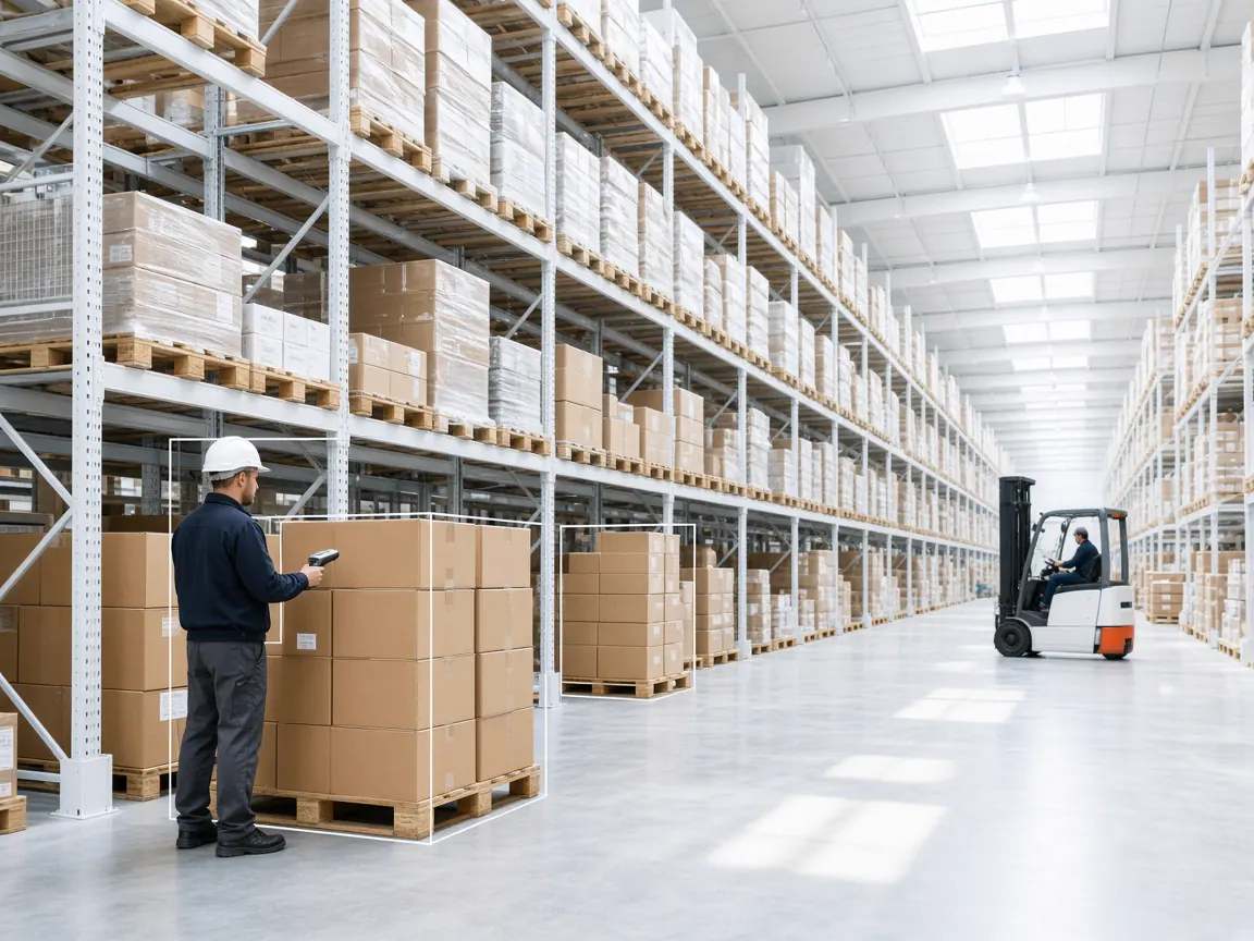 Warehouse aisles with stacked cartons, a forklift and a worker under camera coverage