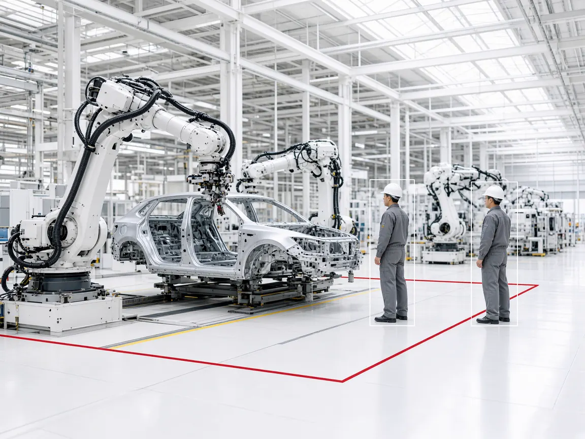 Video analytics for Manufacturing: Robotic car assembly line with marked safety zones in a manufacturing plant