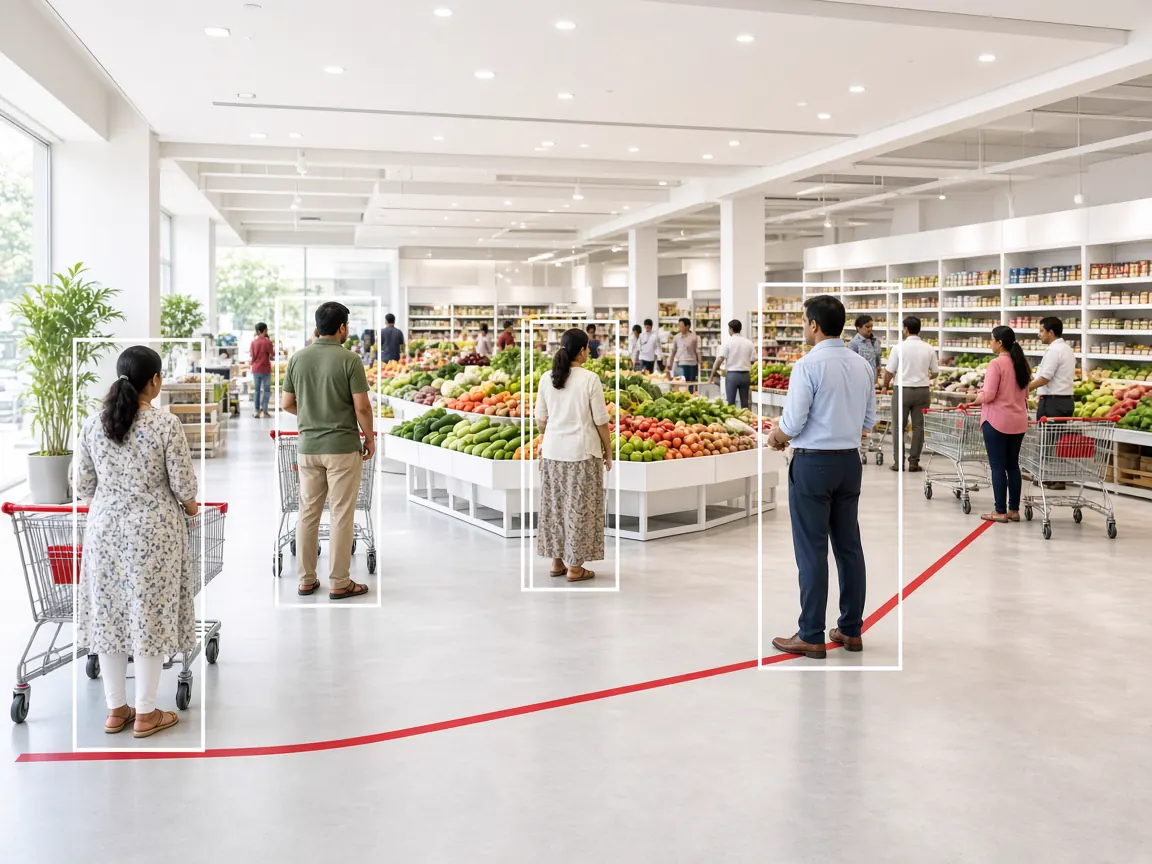 Video analytics for Retail: Shoppers in a supermarket aisle with a customer path traced by retail video analytics