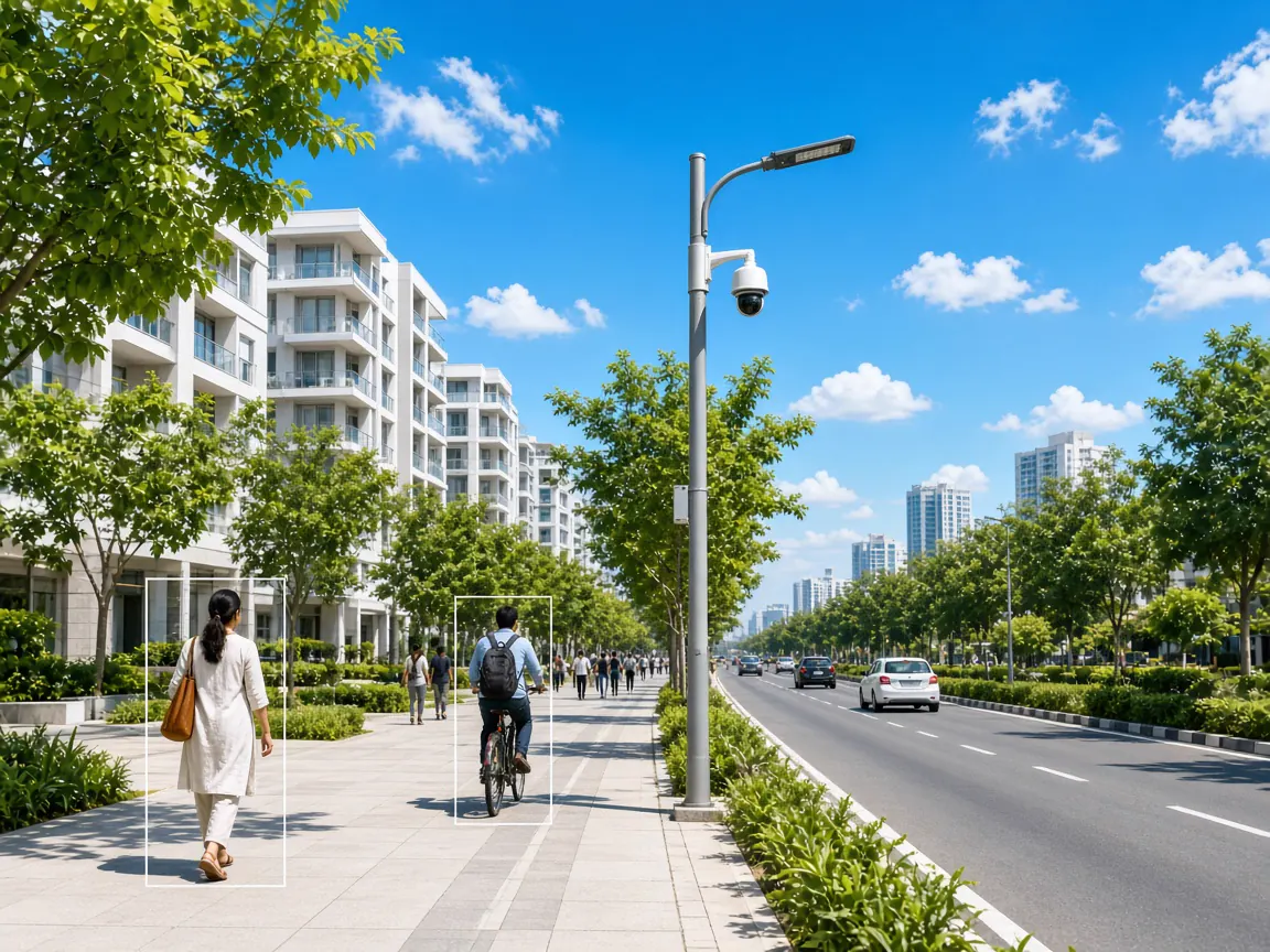 Video analytics for Smart Cities & Government: City street with pedestrians, cyclists and a CCTV pole in a smart city deployment